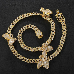 Goldene Halskette + Uhr + Armband Miami Curb Cuban Chain Gold Full Iced Out Gepflasterte Strasssteine ​​CZ Bling