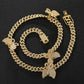 Gold Necklace +Watch+Bracelet Miami Curb Cuban Chain Gold Full Iced Out Paved Rhinestones CZ Bling