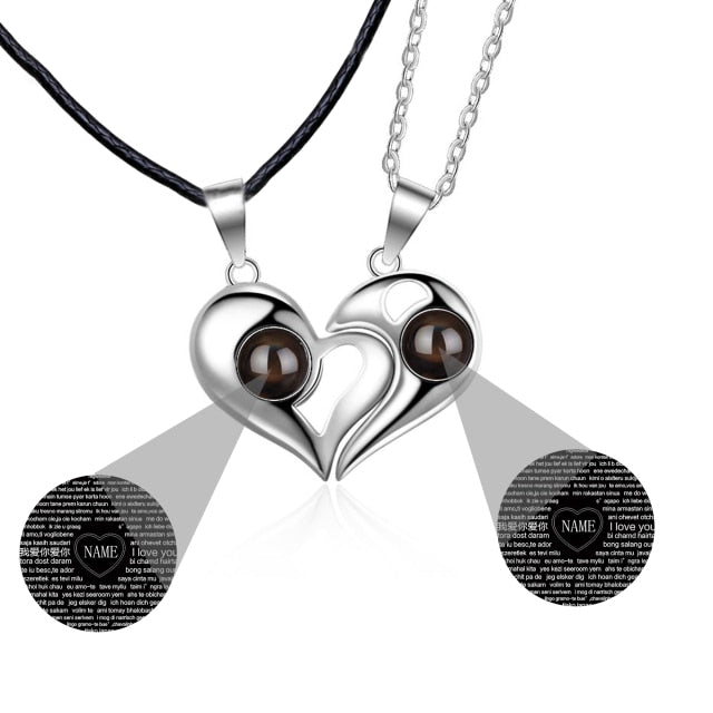 1 Pair Name Couple Heart Shape 100 Languages I Love You Projection Pendant Necklace