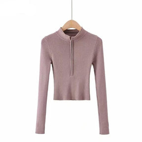 High Neck Zipper Front Strickpullover Frauen Solide Basic Cropped Pullover Winter Frühling Mode Kleidung Top