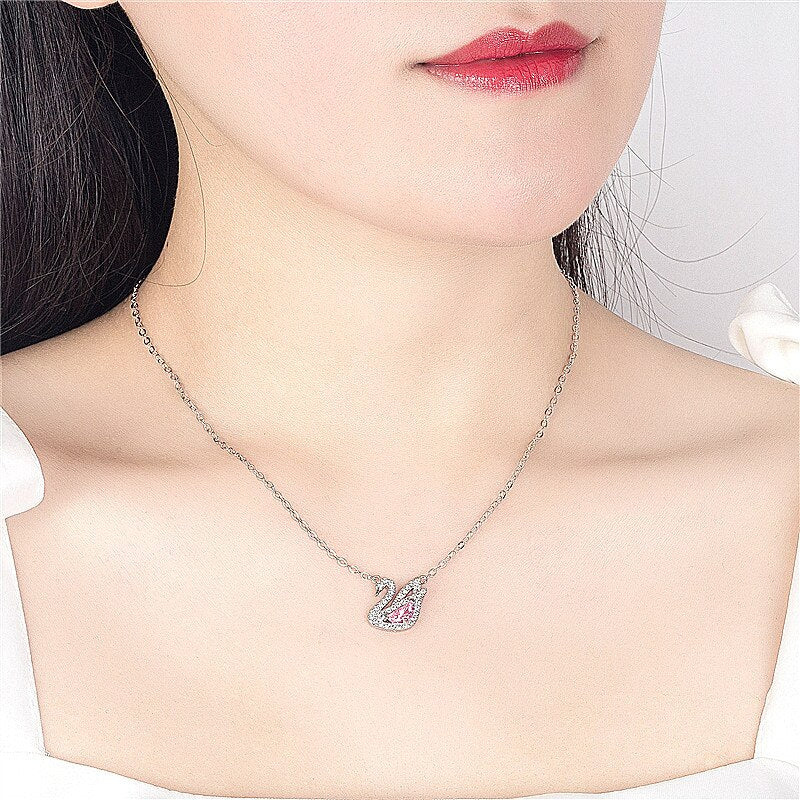 Swan Pink Crystal Zircon Diamonds Gemstones Pendant Necklaces