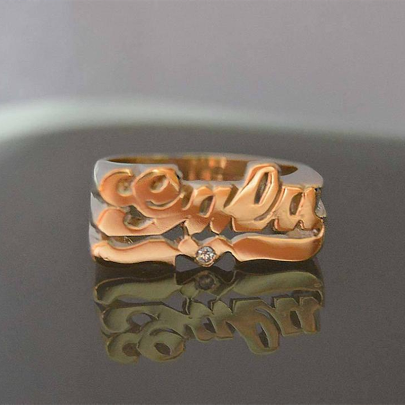 Personalized Name Ring Unisex Custom Letter Initial Ring with Heart Gold-Plated Copper Nameplate Ring