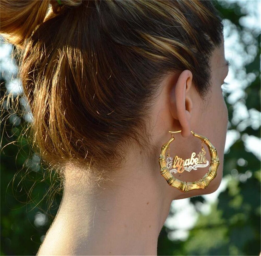 50-100mm Personalized Bamboo Earrings Custom Hoops Earrings Customize Name Earrings