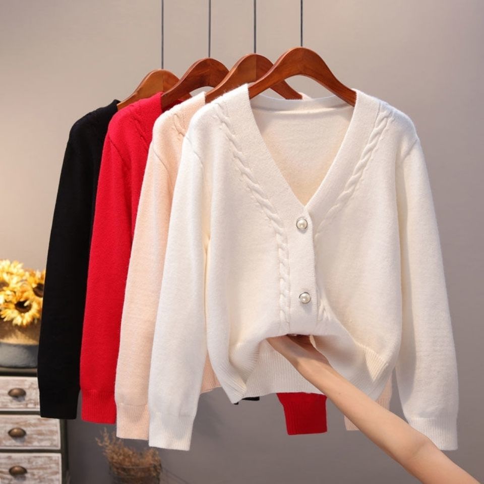 Sweater Cardigan Women Autumn Winter V Neck Pearl Single Breasted Loose Short Thicken Sweater Top