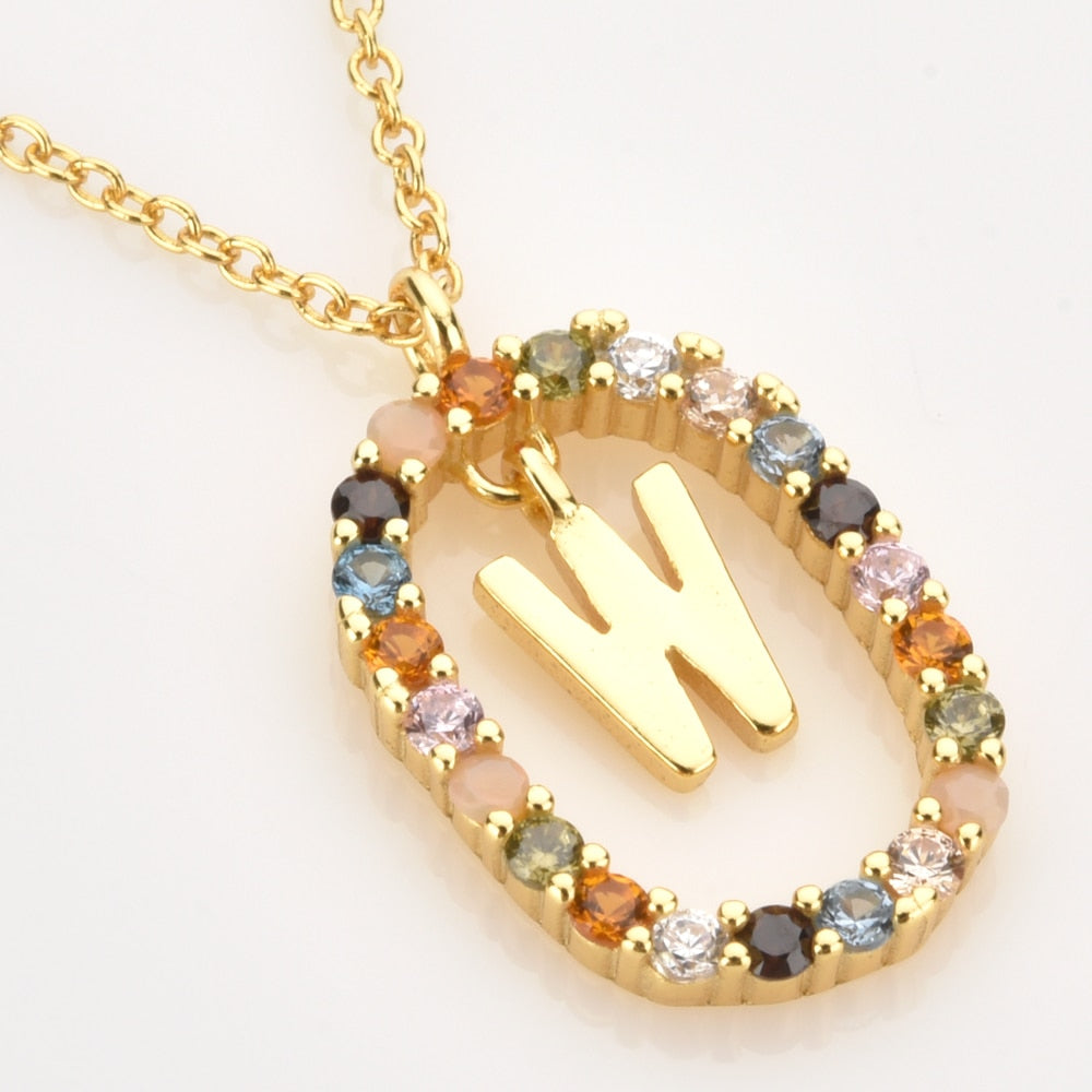 Sterling Silver Gold 26 Alphabet B J P Letters A M Initial Long Chain Necklace Summer Colorful Zircon Ovals