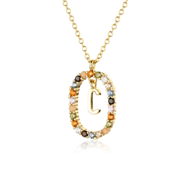 Sterling Silver Gold 26 Alphabet B J P Letters A M Initial Long Chain Necklace Summer Colorful Zircon Ovals