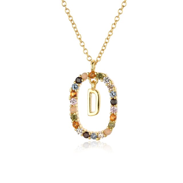 Sterling Silver Gold 26 Alphabet B J P Letters A M Initial Long Chain Necklace Summer Colorful Zircon Ovals