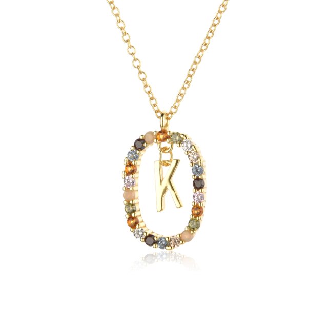 Sterling Silver Gold 26 Alphabet B J P Letters A M Initial Long Chain Necklace Summer Colorful Zircon Ovals