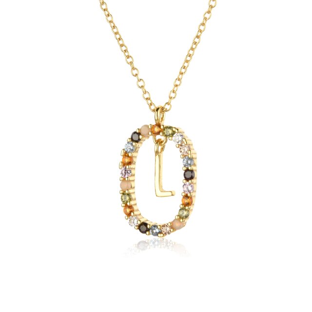 Sterling Silver Gold 26 Alphabet B J P Letters A M Initial Long Chain Necklace Summer Colorful Zircon Ovals