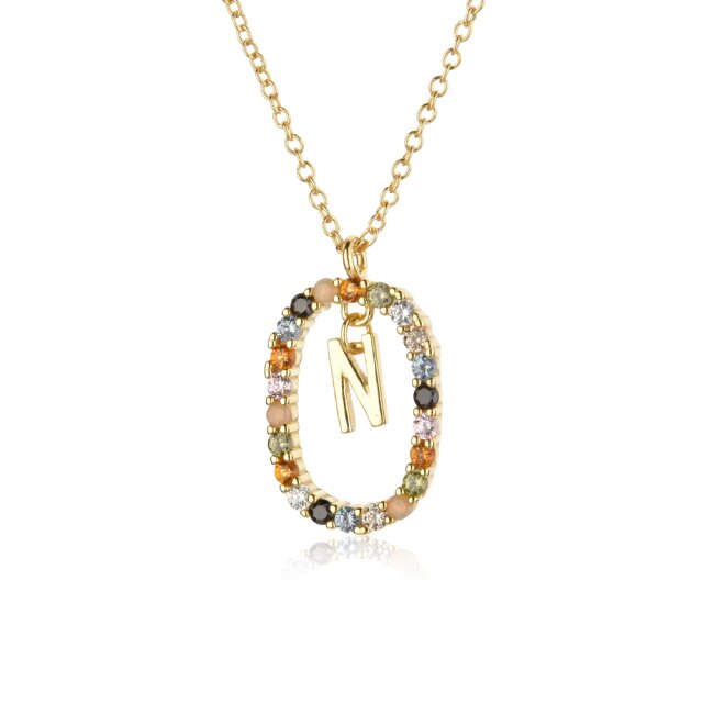 Sterling Silver Gold 26 Alphabet B J P Letters A M Initial Long Chain Necklace Summer Colorful Zircon Ovals