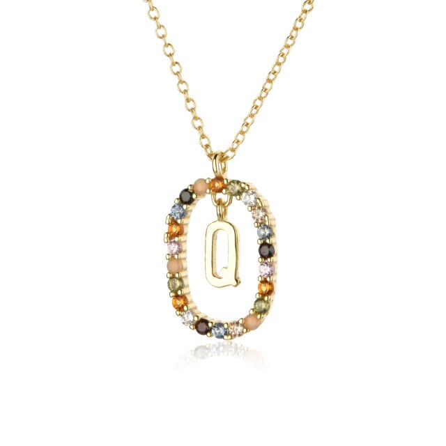 Sterling Silver Gold 26 Alphabet B J P Letters A M Initial Long Chain Necklace Summer Colorful Zircon Ovals