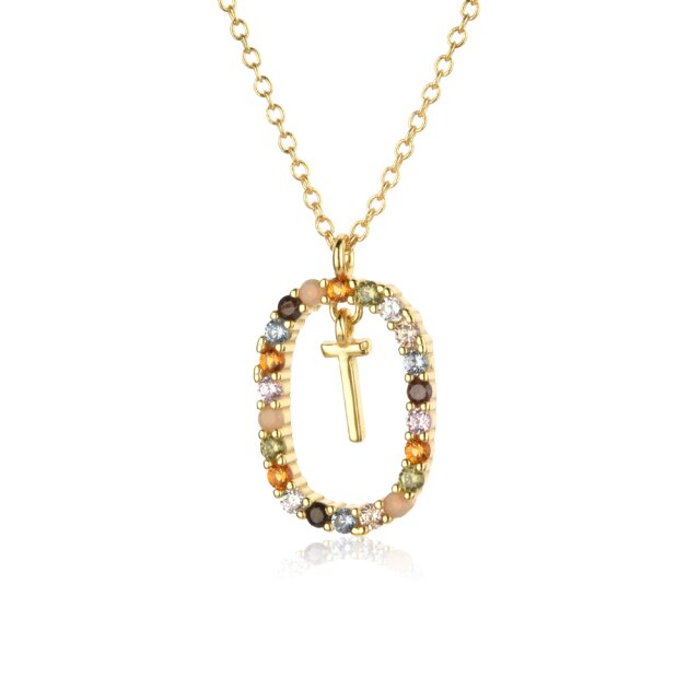 Sterling Silver Gold 26 Alphabet B J P Letters A M Initial Long Chain Necklace Summer Colorful Zircon Ovals