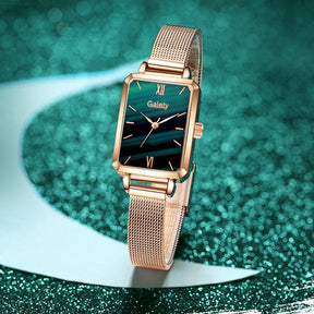 Women Watches Fashion Square Ladies Quartz Watch Bracelet Set Green Dial Mesh Watches