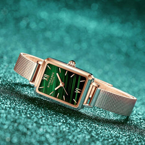 Women Watches Fashion Square Ladies Quartz Watch Bracelet Set Green Dial Mesh Watches