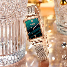 Women Watches Fashion Square Ladies Quartz Watch Bracelet Set Green Dial Mesh Watches