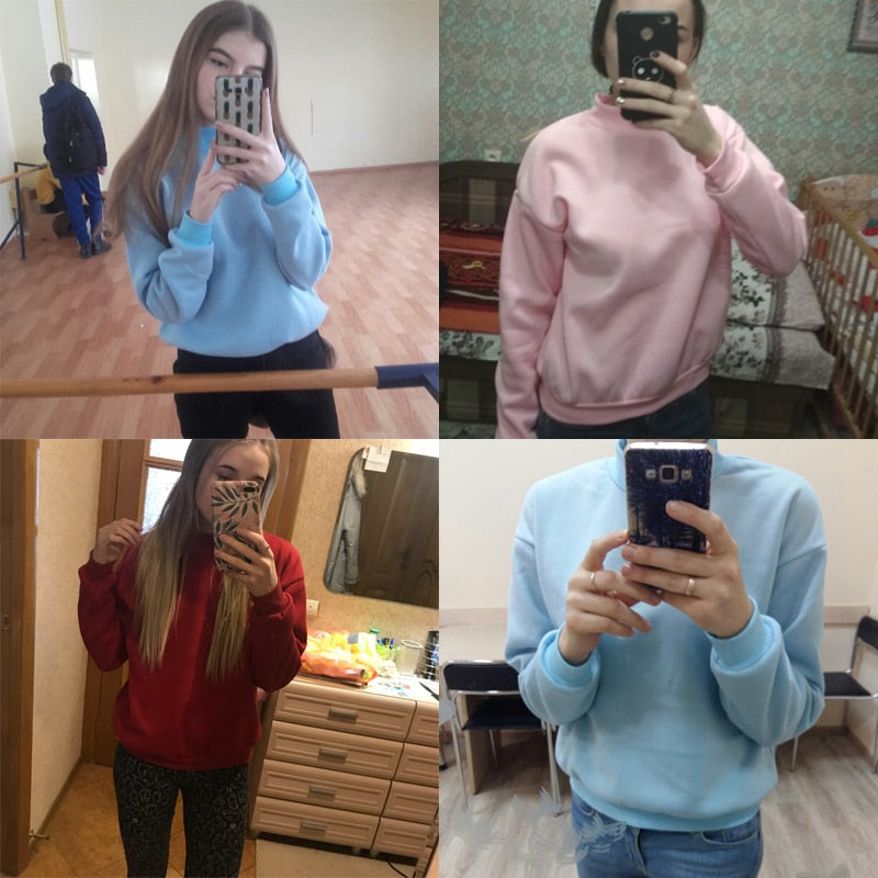 O-neck Hoodies Women Winter Autumn Pullover Sweatshirt Female Pure Color Loose Tracksuit