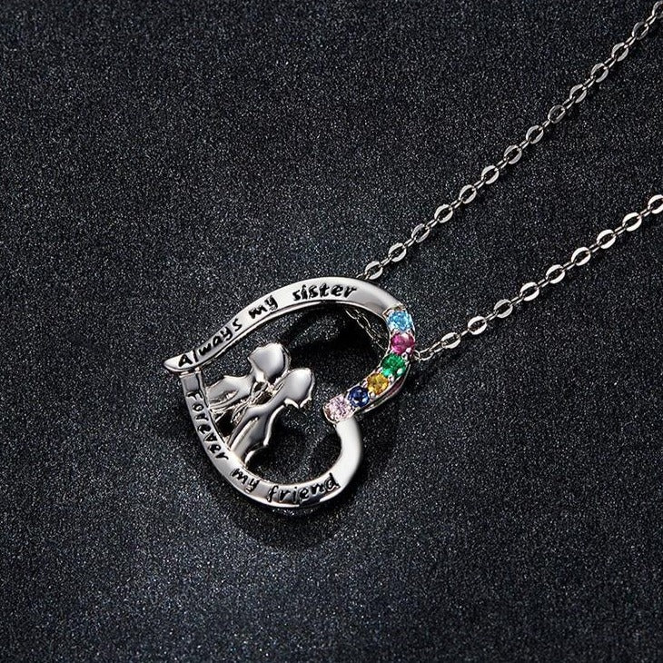 925 Sterling Silver Best Sisters Necklace Forever Friend Heart Necklace Chain Rainbow Zircon