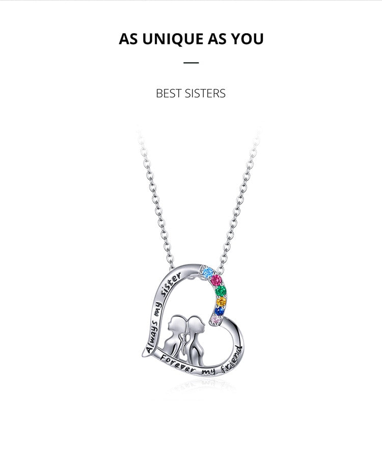 925 Sterling Silver Best Sisters Collana Forever Friend Collana a cuore Catena Arcobaleno Zircone