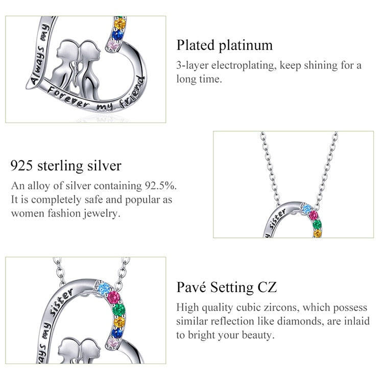 925 Sterling Silver Best Sisters Collana Forever Friend Collana a cuore Catena Arcobaleno Zircone