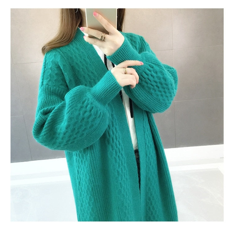 Cardigan con maniche a lanterna invernale Maglione lungo da donna 2021 Cappotto in maglia con maglione oversize a punto aperto con maniche a lanterna