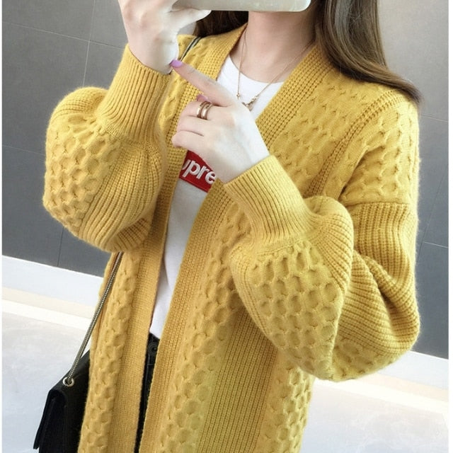 Winter lantern sleeve cardigan Long Sweater Women 2021 Lantern Sleeve Open Stitch Oversized Sweater Knit Coat