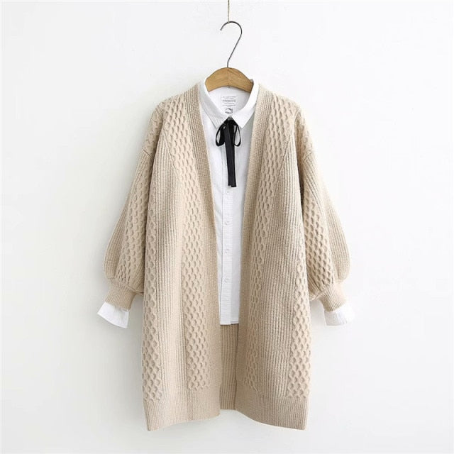 Cardigan con maniche a lanterna invernale Maglione lungo da donna 2021 Cappotto in maglia con maglione oversize a punto aperto con maniche a lanterna