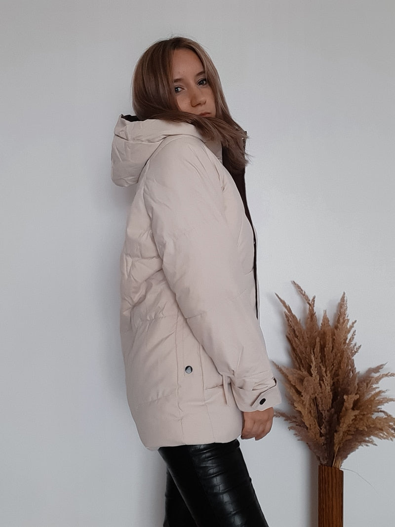 2021 Dicker Daunenmantel mit Kapuze Damen Winterjacke Baumwolle Lang Warm Gepolsterter Parka