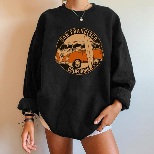 Car pattern Sweatshirts Oversized Crewneck Tops Woman Drop-shoulder Pullovers Sweatshirts