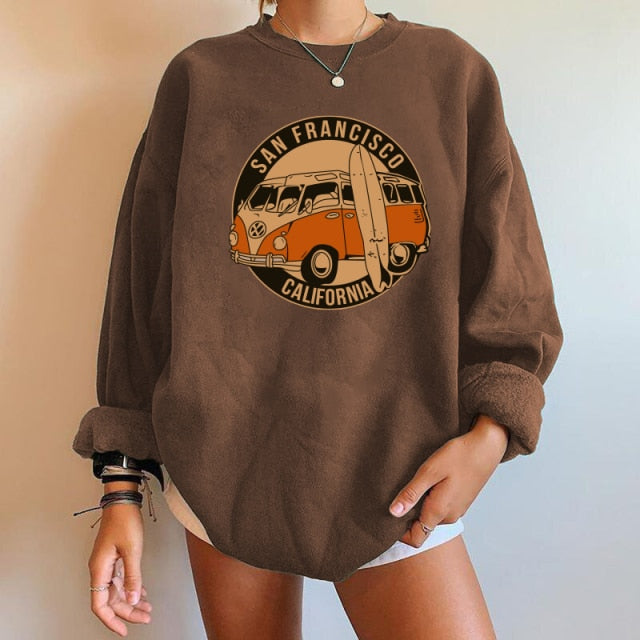 Car pattern Sweatshirts Oversized Crewneck Tops Woman Drop-shoulder Pullovers Sweatshirts