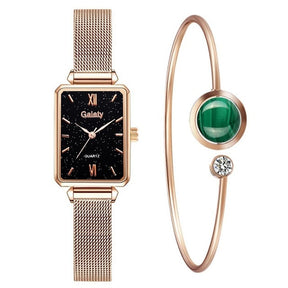 Women Watches Fashion Square Ladies Quartz Watch Bracelet Set Green Dial Mesh Watches