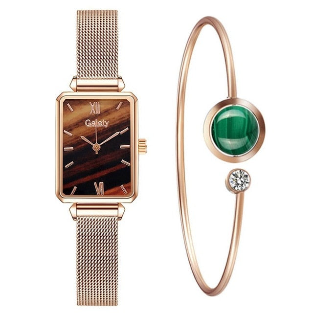 Women Watches Fashion Square Ladies Quartz Watch Bracelet Set Green Dial Mesh Watches