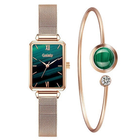 Damenuhren Fashion Square Damen Quarzuhr Armband Set Green Dial Mesh Uhren