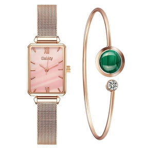 Damenuhren Fashion Square Damen Quarzuhr Armband Set Green Dial Mesh Uhren