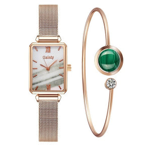 Women Watches Fashion Square Ladies Quartz Watch Bracelet Set Green Dial Mesh Watches