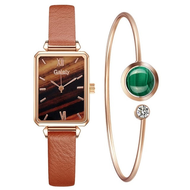 Damenuhren Fashion Square Damen Quarzuhr Armband Set Green Dial Mesh Uhren