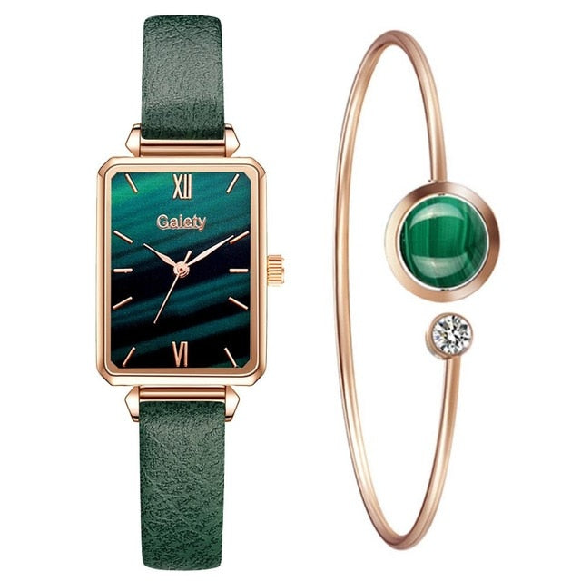 Women Watches Fashion Square Ladies Quartz Watch Bracelet Set Green Dial Mesh Watches