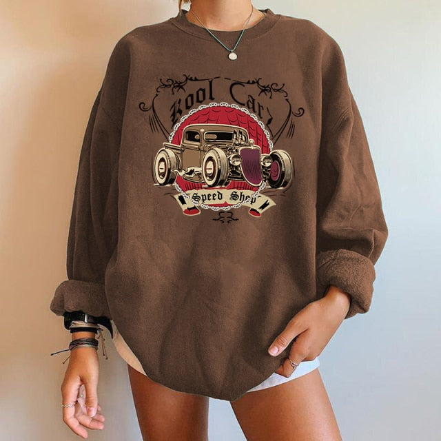 Car Print Sweartshirts Long Sleeve Swearshirts Streetwear Vintage Tops