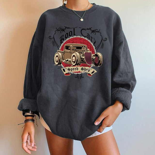 Sweartshirts mit Autodruck Langarm Swearshirts Streetwear Vintage Tops