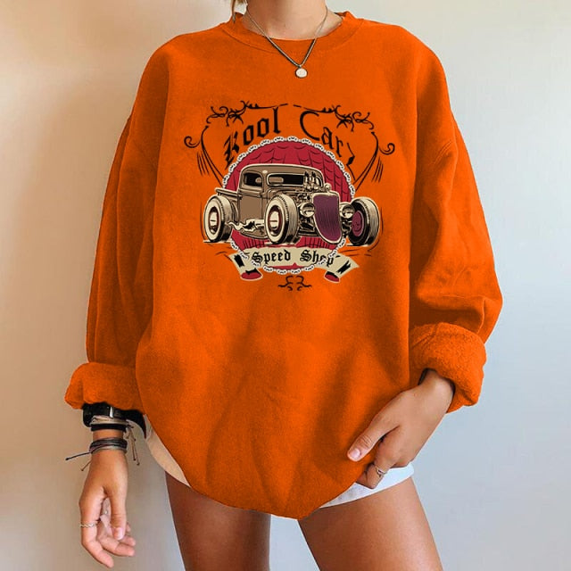 Car Print Sweartshirts Long Sleeve Swearshirts Streetwear Vintage Tops