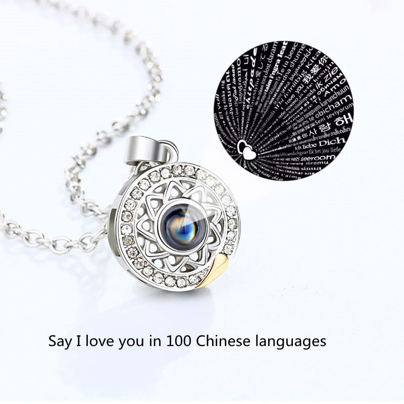 Hollow Design Sun Moon Magnet Puzzle matching necklaces 100 Language I Love You Couple Necklaces