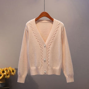 Sweater Cardigan Women Autumn Winter V Neck Pearl Single Breasted Loose Short Thicken Sweater Top