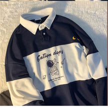 Felpa con stampa di lettere oversize con colletto a polo Top a maniche lunghe con bottoni sciolti