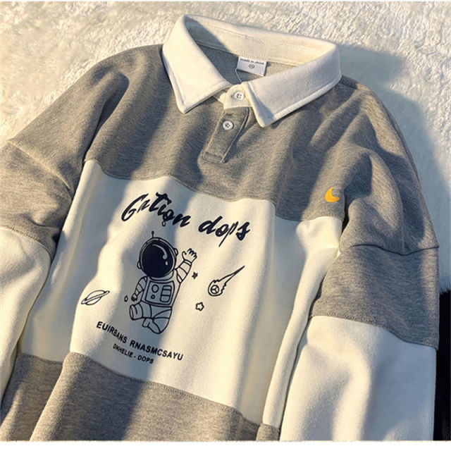 Polo Collar Oversized Letter Print Sweatshirt Long Sleeve Loose Buttons Tops