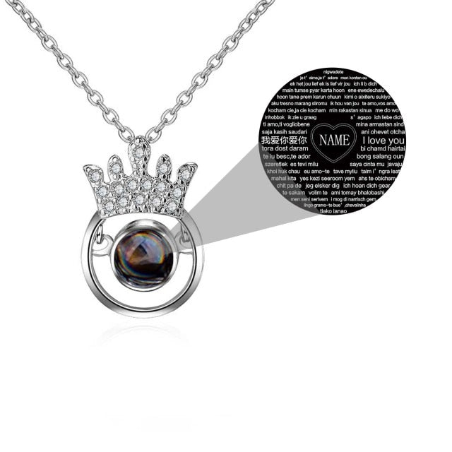 100 Languages I Love You Personalized Name Projection Necklace Classic Round Crown Pendant