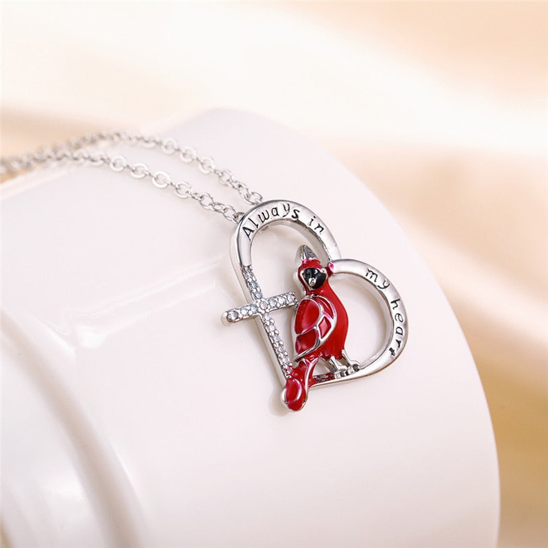 Heart Shaped Cardinal Parrot Necklace Red Bird Cardinals Love lettering cross