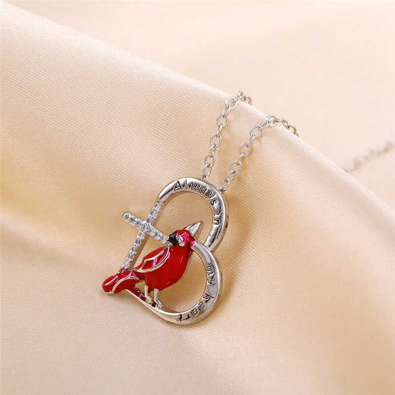 Heart Shaped Cardinal Parrot Necklace Red Bird Cardinals Love lettering cross