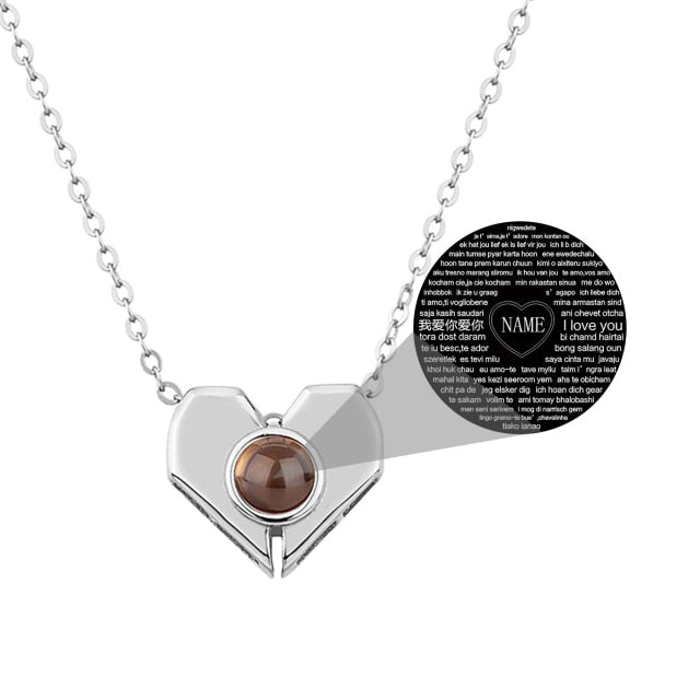 Personalized Heart Shaped 100 Languages I Love You Projection Name Necklace