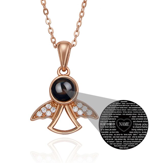 Projection Photo Memory Necklace Angel Pendant With Crystal Wing Personalized Jewelry