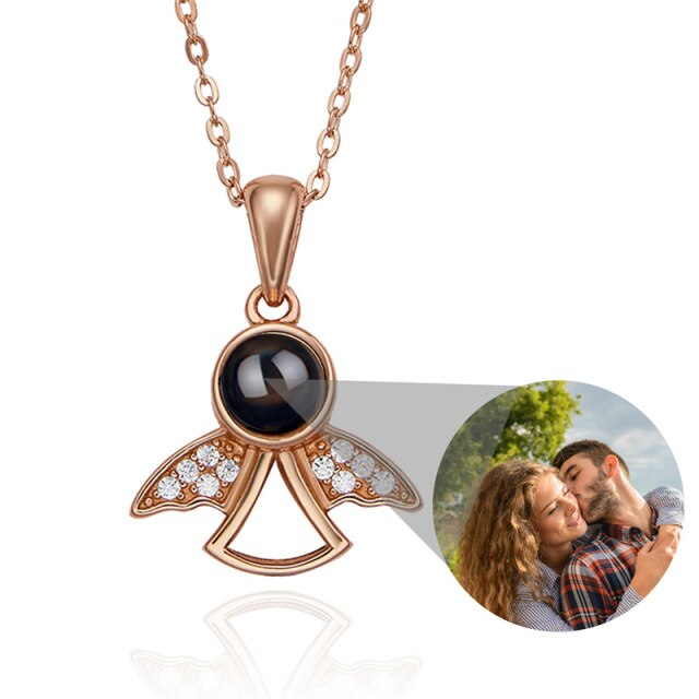 Projection Photo Memory Necklace Angel Pendant With Crystal Wing Personalized Jewelry