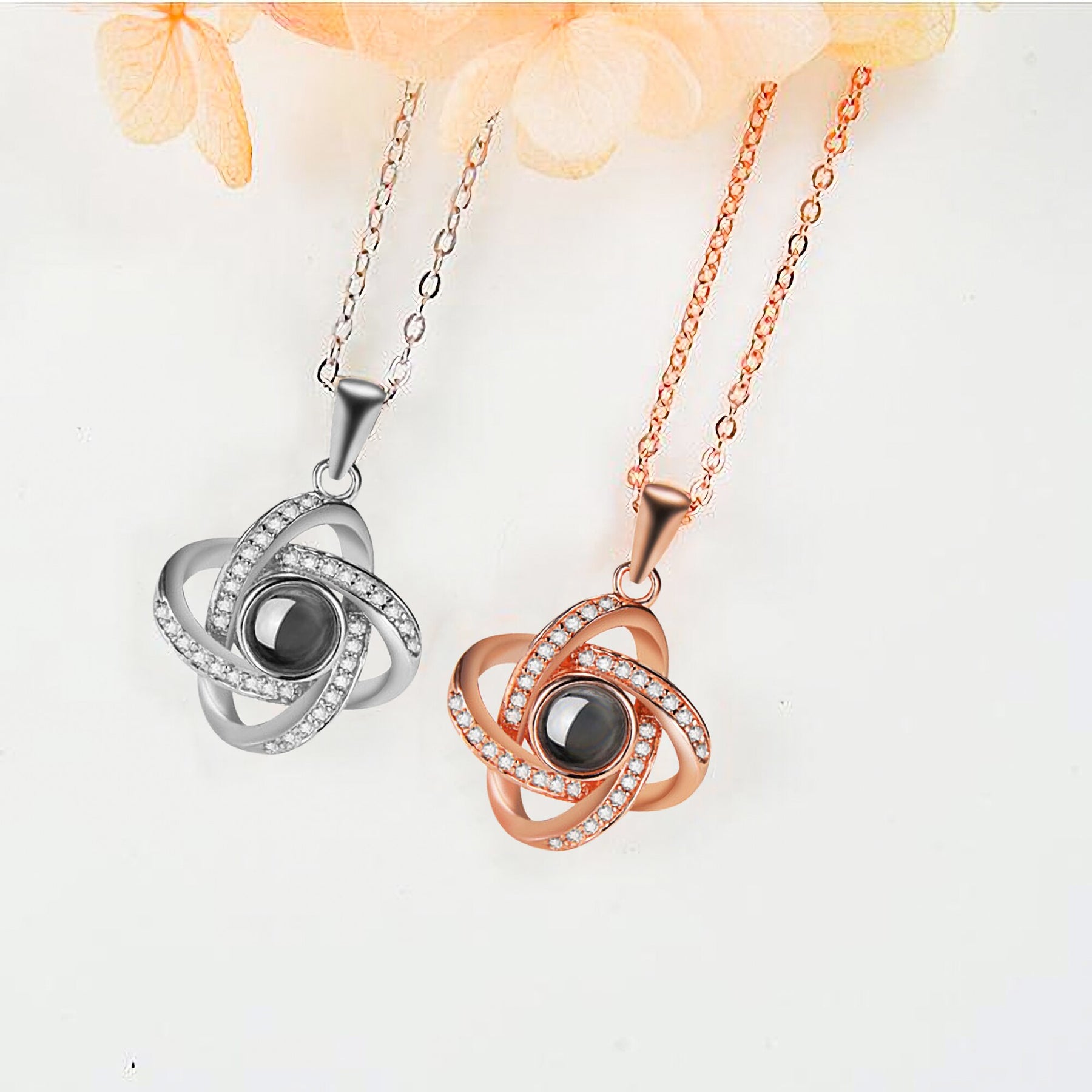 Personalized 4 Leaves Crystal Rose Projection Necklace Custom Photo Name Pendant